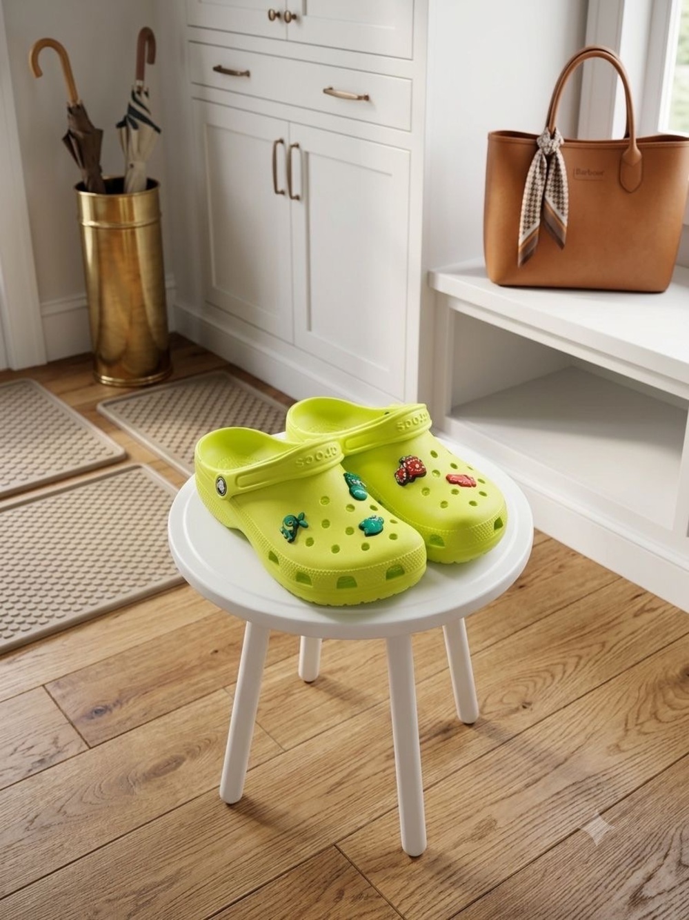 CROCS Kids Neon Lime Green Clogs with Charm Decorations